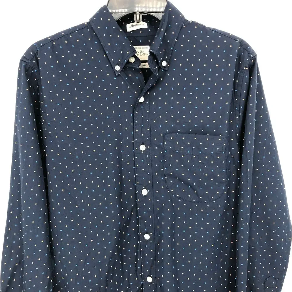 J.CREW Mens Slim Button Down Shirt Small Navy Blue Polka Dots Poplin BJ744 NWT